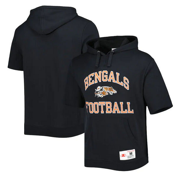 Men's Cincinnati Bengals Black Mitchell & Ness Washed Short Sleeve Pullover Hoodie Men's Cincinnati Bengals Black Mitchell & Ness Washed Short Sleeve Pullover Hoodie